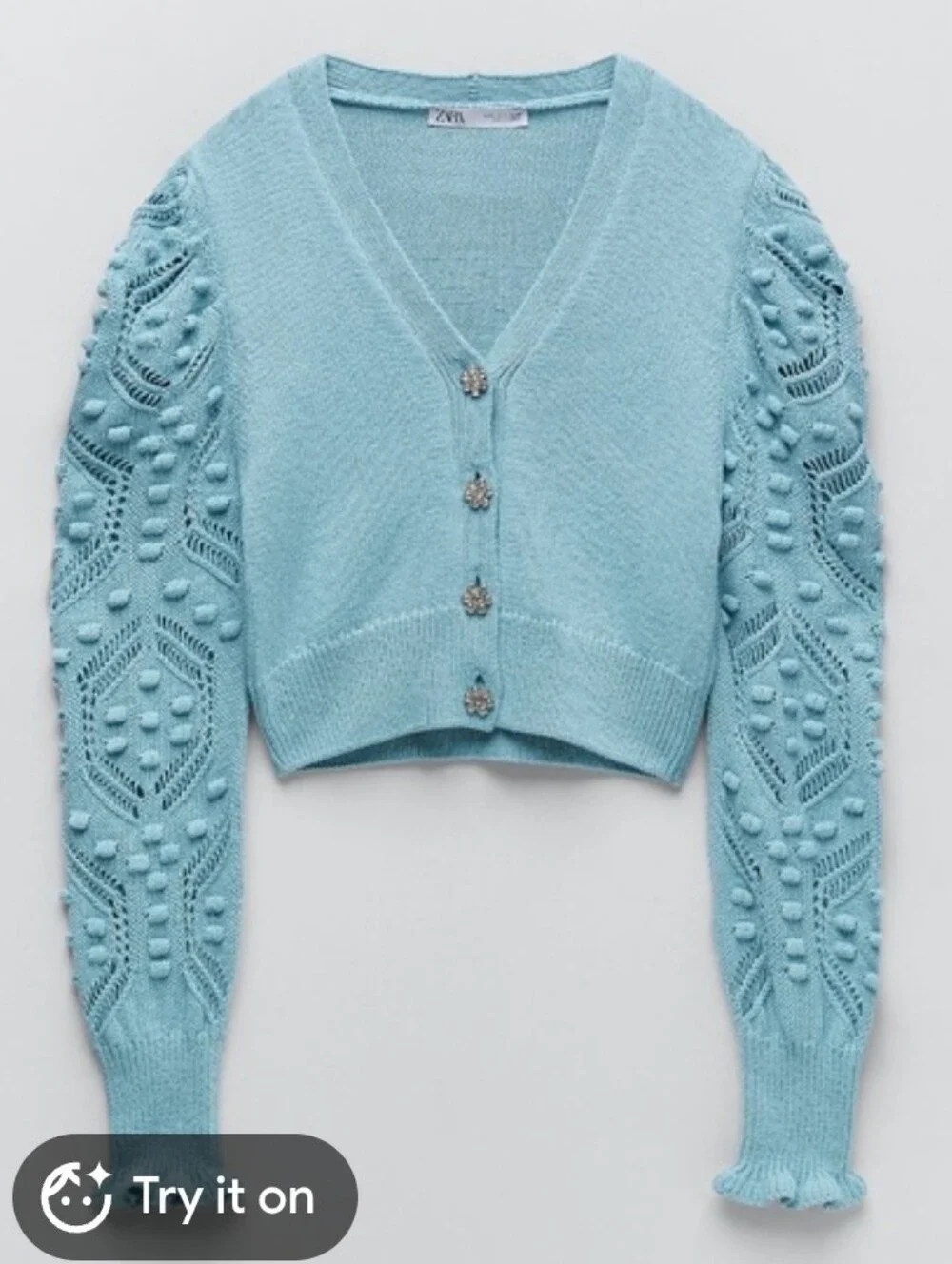 Zara Blue Jewel Button Cardigan Medium Textured Puff Sleeve Knit Sweater NWT - Picture 1 of 6